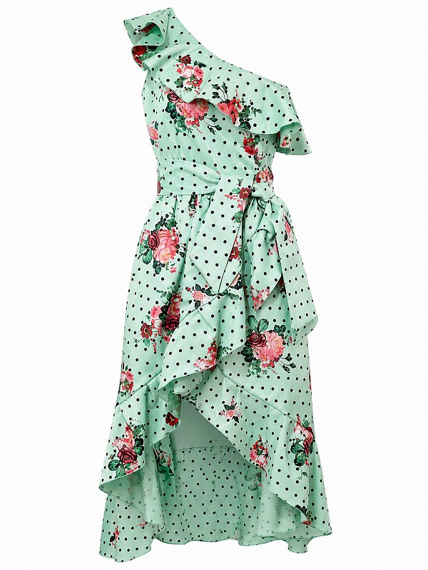 【新品DRESS 2774】花柄ドットワンショルミモレ丈フレアミディアムドレス ライトグリーン【ODI ODI】
